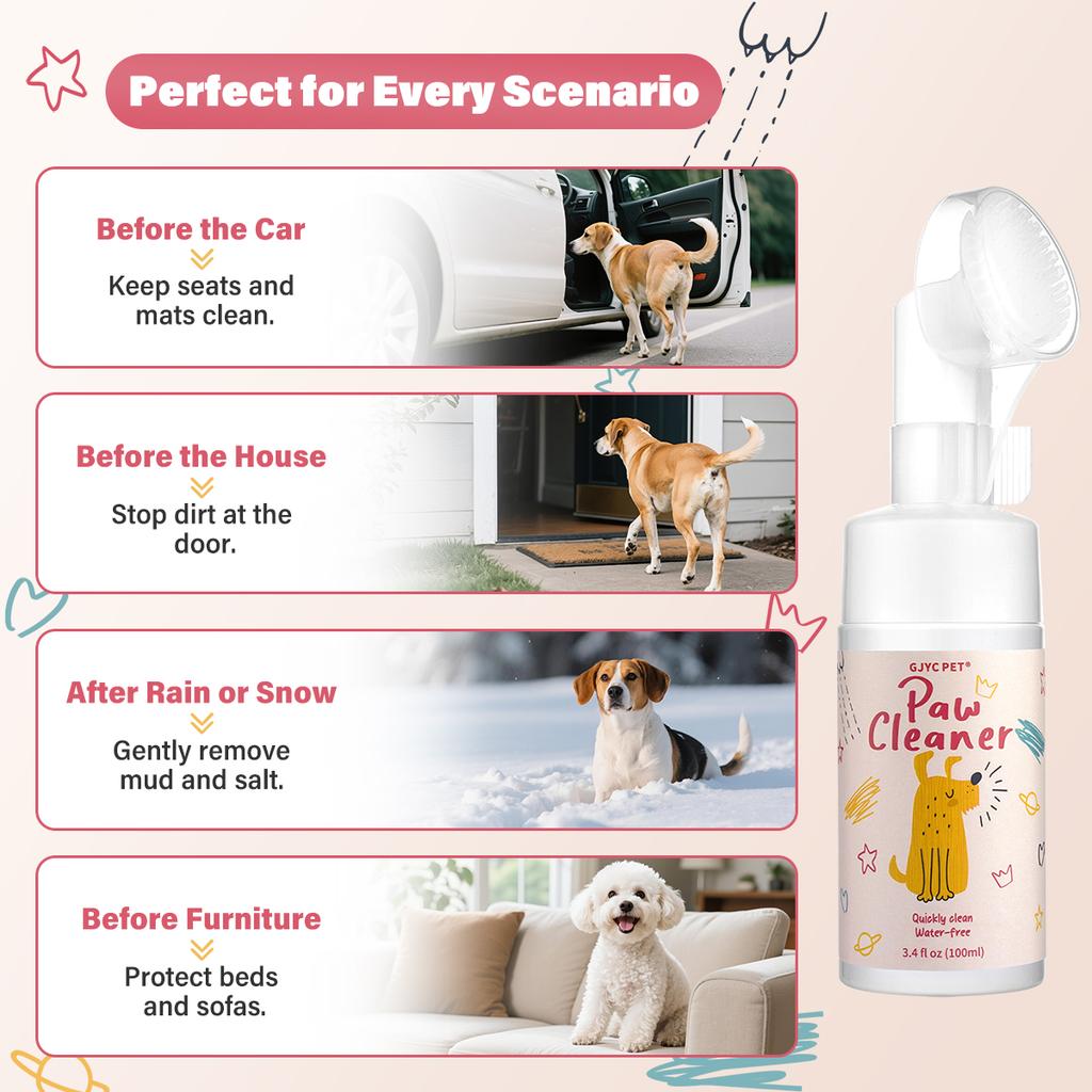 Pet Paw Cleaner Foam - No-Rinse Waterless Gentle Lick-Safe, Plant Extracts Soothing Moisturizing with Soft Brush for Cats Dogs