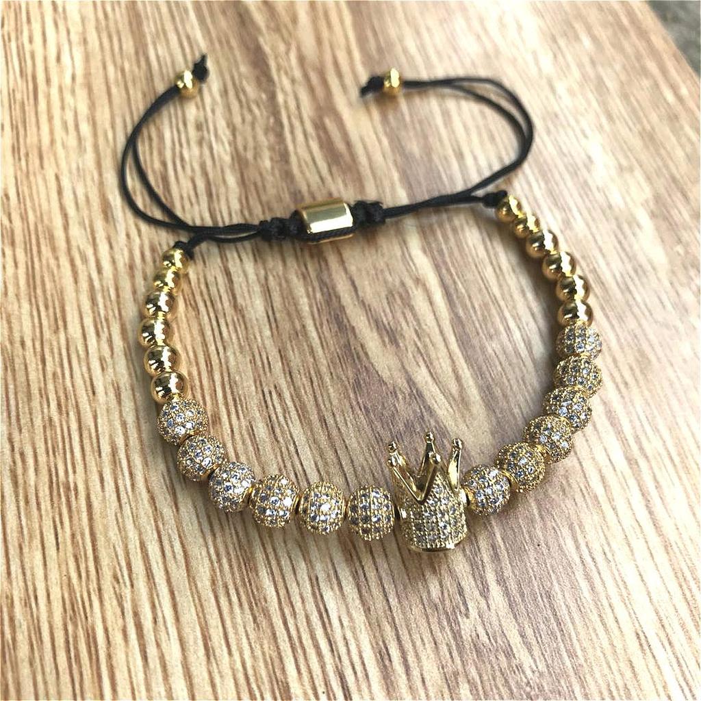 European Hot Item: 18K Color Retention Woven Bracelet with Micro-inlaid White Zirconia and Large Crown Copper Beads