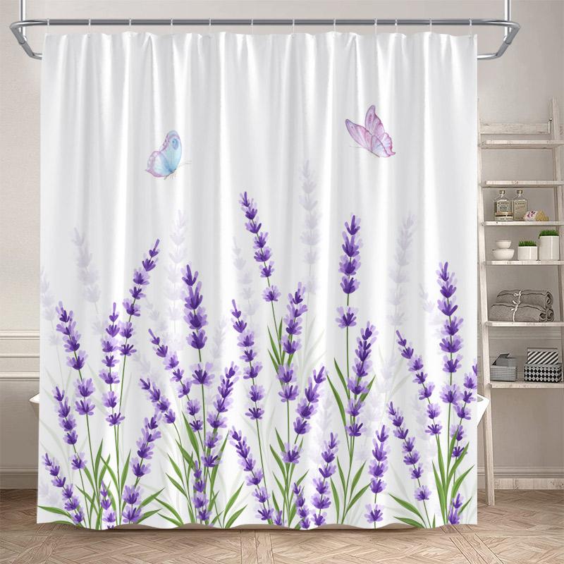 Butterfly Floral Shower Curtains Watercolor Purple Lavender Hummingbird Dragonfly Flower Plant Bathroom Curtain Decor with Hooks