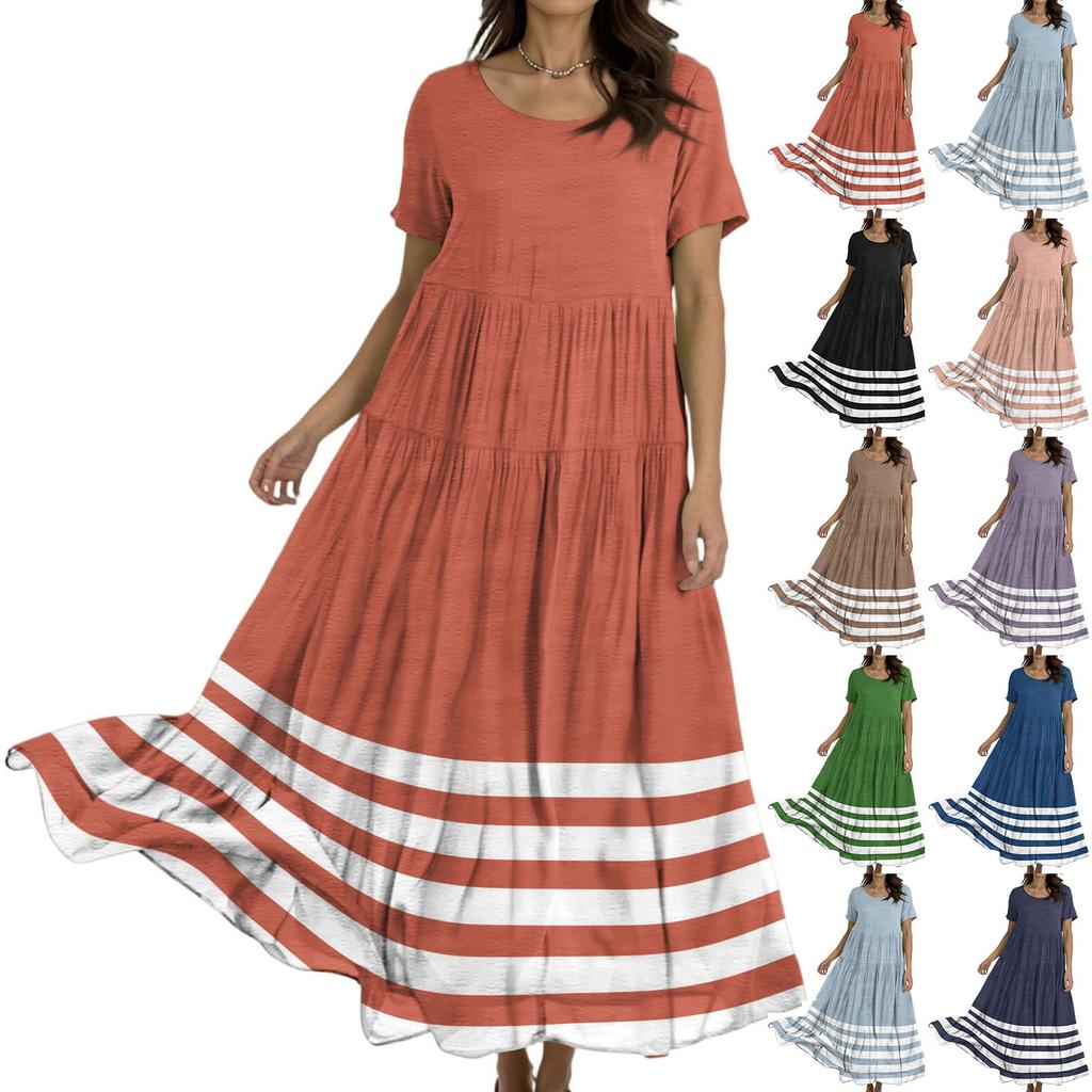 Women's Casual Loose Bohemian Striped Printed Short Sleeve Dress