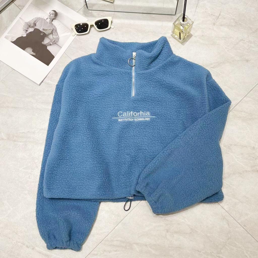 Verdicktes Lammvelours Herbst und Winter Kurzes Halbrollkragen-Reißverschluss-Sweatshirt für Damen Neues Plüsch Plüsch Verdicktes Lockeres Studenten-Oberteil