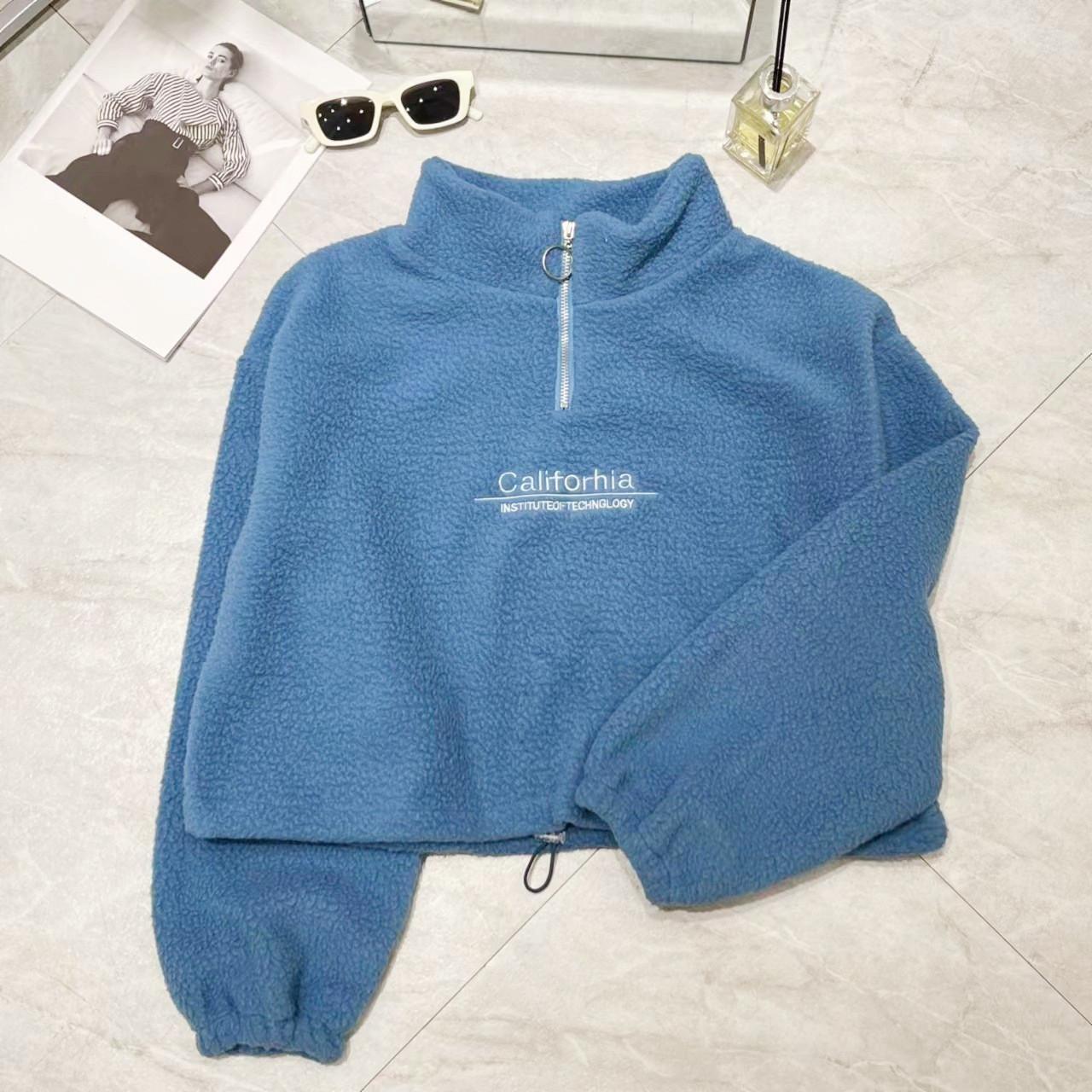 

Утепленный бархат из овечьей шерсти, осенне-зимний короткий свитшот на молнии с полувысоким горлом для женщин, новый плюшевый, утолщенный, свободный студенческий топ M