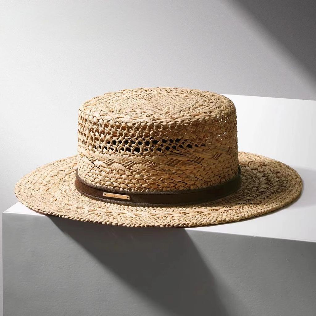 New Summer French Raffia Straw Hat - Hand Woven Hollow Flat Wide Brim UV Protection Sun Hat for Vacation Beach