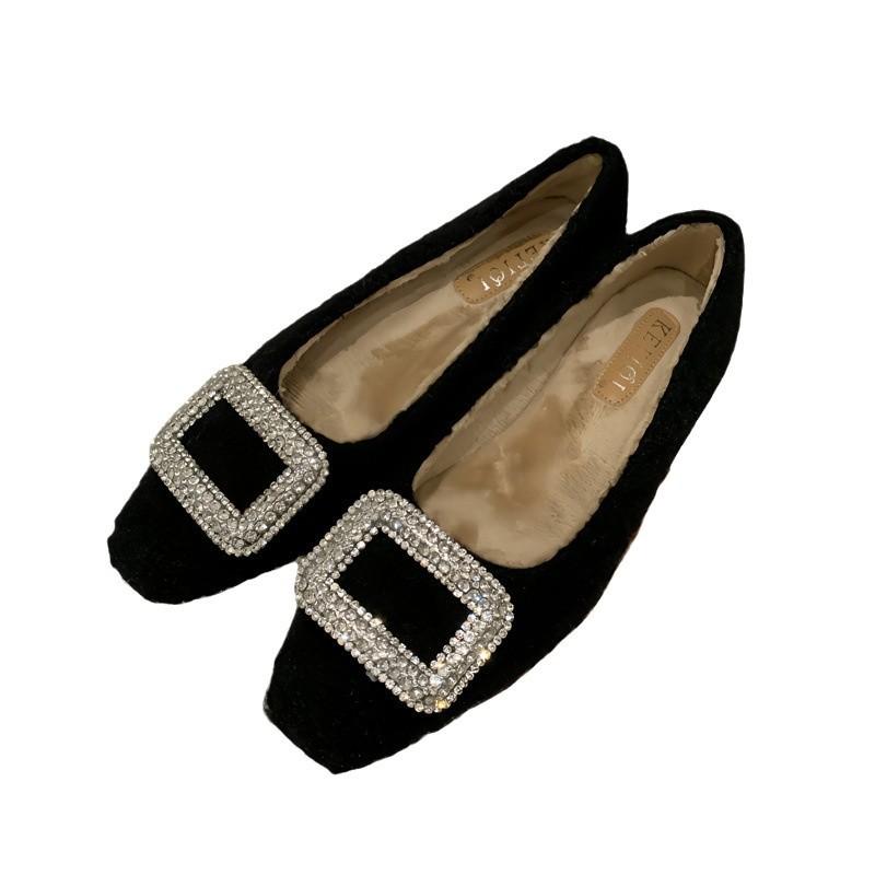2025 autumn and winter new gentle rhinestone square head velvet bean single shoes fashion fluffy shoes wear cotton ladyshoes