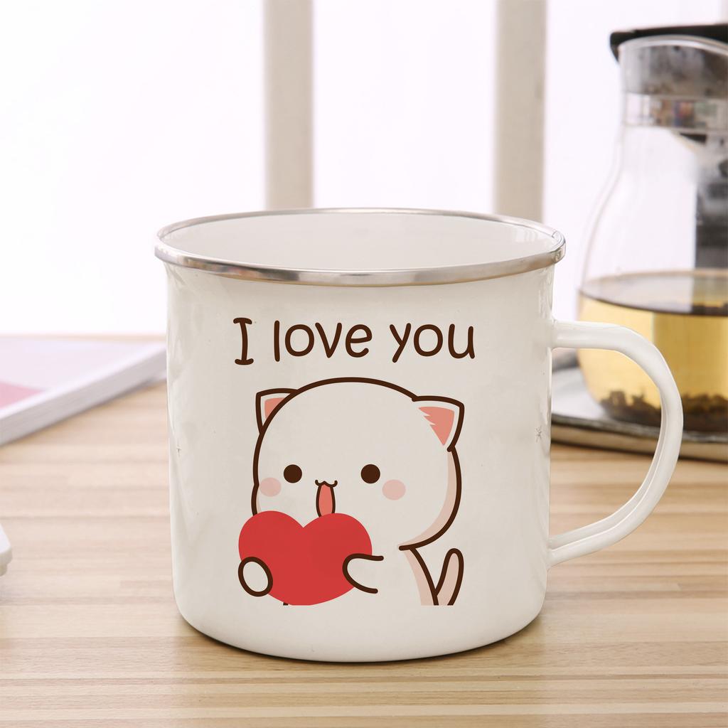 Peach and Goma Cat Enamel Coffee Tea Cup Cute Animal Breakfast Dessert Milk Water Cup Couple Gift