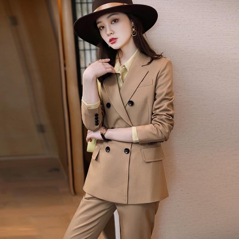 Women's Double-breasted Khaki Suit Set