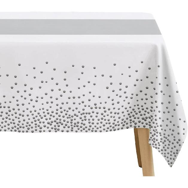 White and Silver Party Decorations Tablecloth, 3 Pack Disposable White Table Cover Printed Silver Table Runner for Birthday Baby Bridal Shower