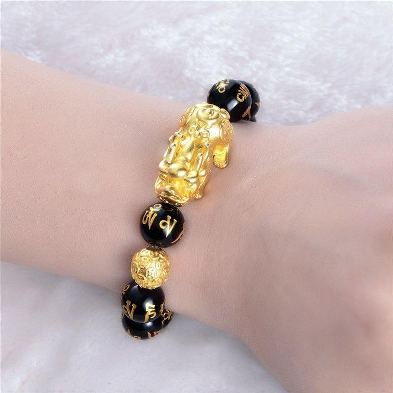 Feng Shui Obsidian Stein Perlen Armband Armband Gold Farbe Schwarz Pixiu Reichtum Viel Glück Frauen Armband Männer Frauen Unisex