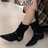 Cowhide Version Pleated Stacking Boots Pointed Inner Heightening Short Boots Martin Boots Women's Belt Buckle Medium Boots Thin Boots