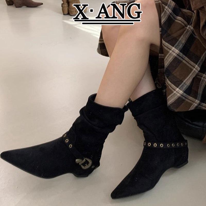 Cowhide version pleated stacking boots pointed inner heightening short boots Martin boots women's belt buckle medium boots thin boots