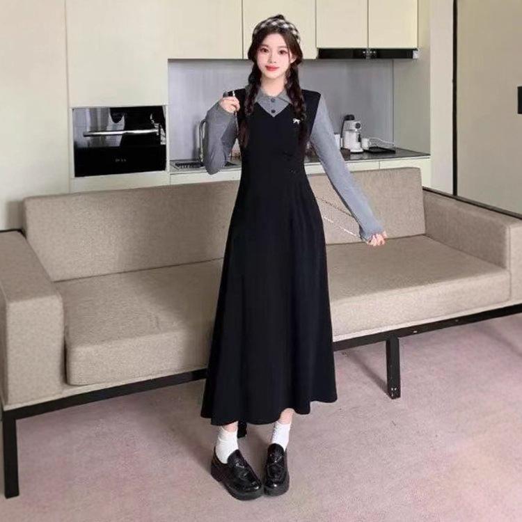 French retro college style dress women's autumn new high-end POLO collar waist slim skirt