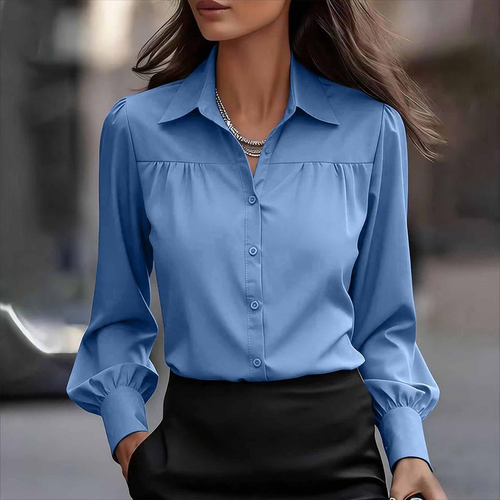 Women's Fashionable Color Lapel Casual Button Long Sleeved Shirt Top