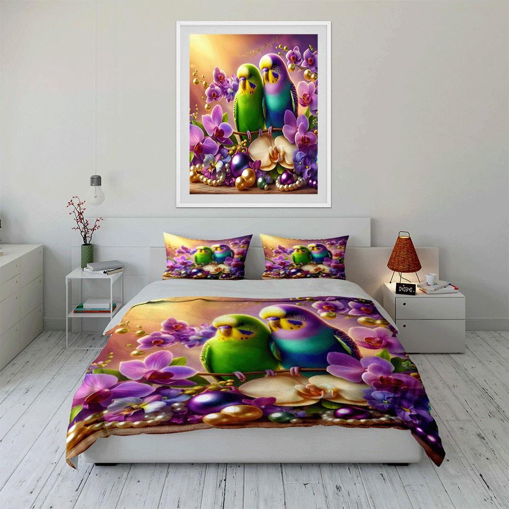 Colorful Birds And Orchid Decor Exquisite Three-Piece Bedding Set Gift For Kids And Adults
