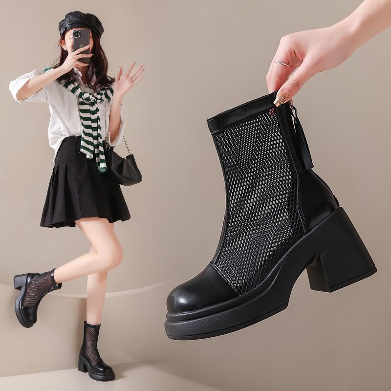 Fashion Women's Mesh Platform Boots Summer Chunky Heel Thick Bottom High Heels Breathable Non-slip Back Zip Shoes Botas  Mujer