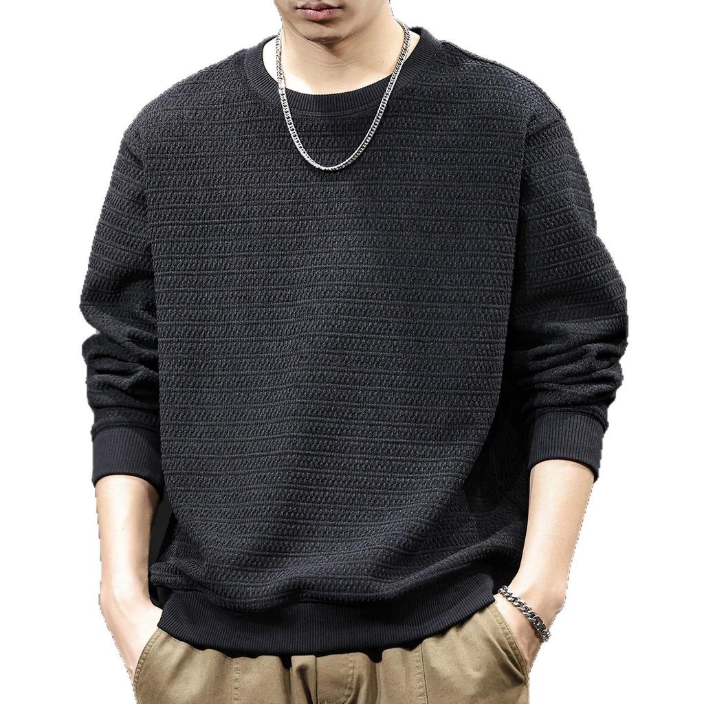 Men's 2025 Trendy Fleece-Lined Round Neck Hoodie for Autumn/Winter - Unique Texture, Long Sleeve