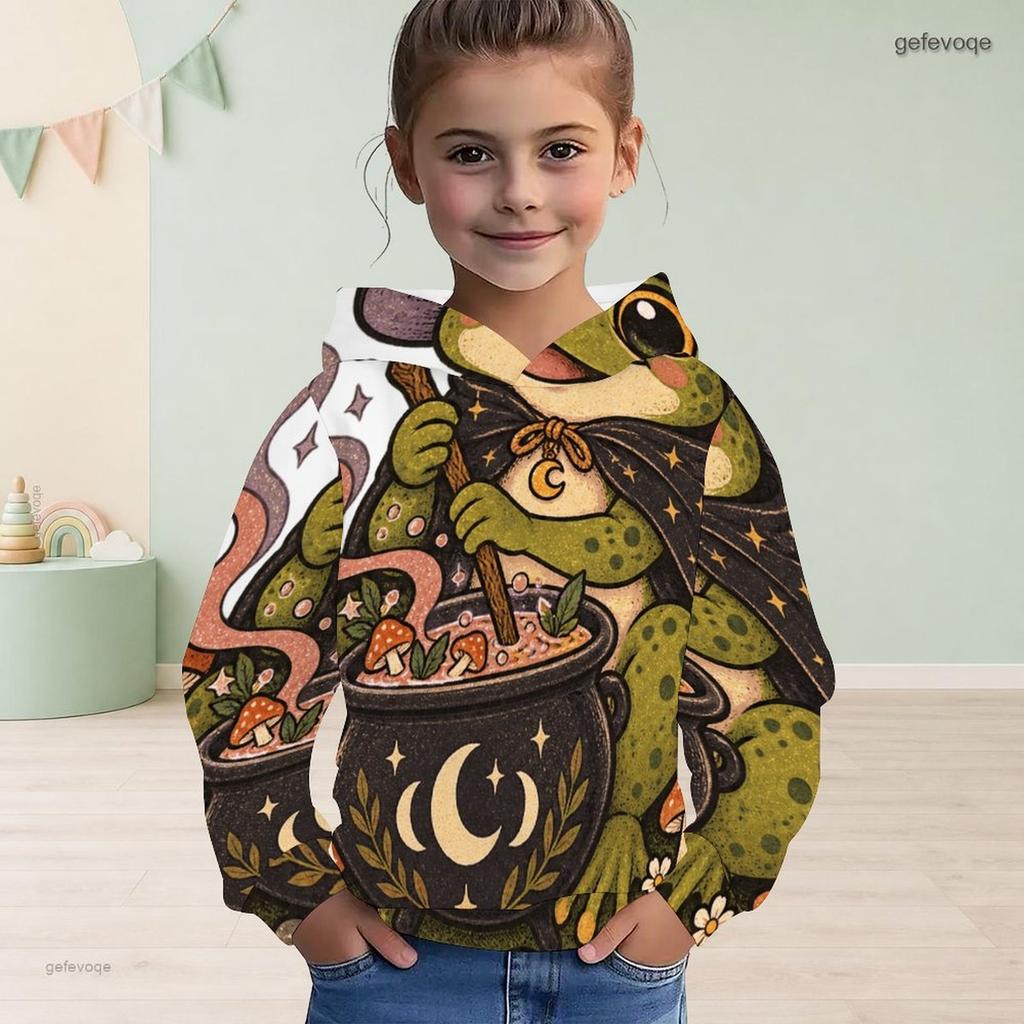 Felpa da ragazza a maniche lunghe con stampa Rana Strega Calderone Pullover casual