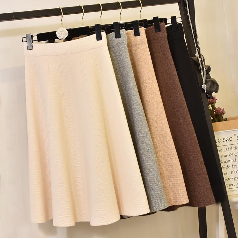 Saia guarda-chuva feminina de cintura alta para outono e inverno elástica nova saia de meio corpo de malha de comprimento médio espessada cor sólida pacote quadril saia evasê