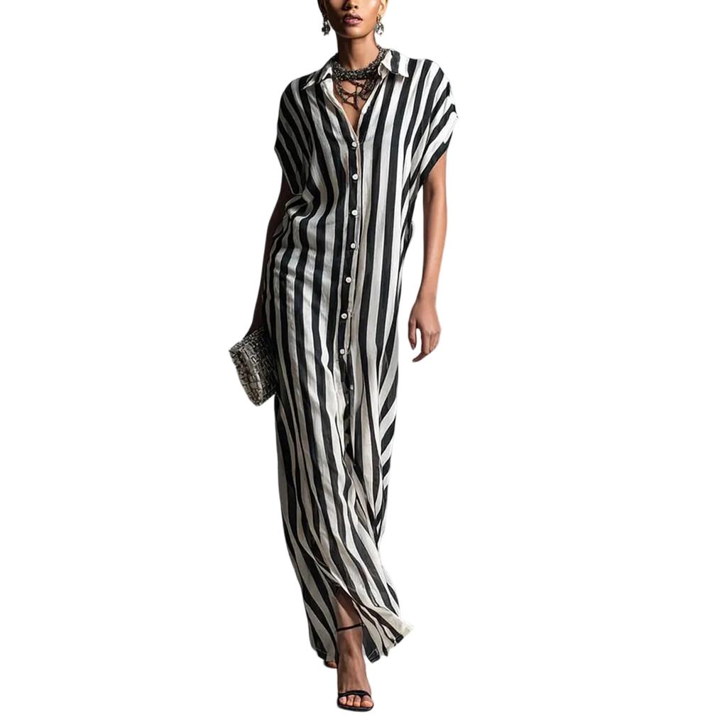 Women's Summer Casual Loose Fit V Neck Maxi Dress Button Down Front Short Sleeve Lightweight Long Dress