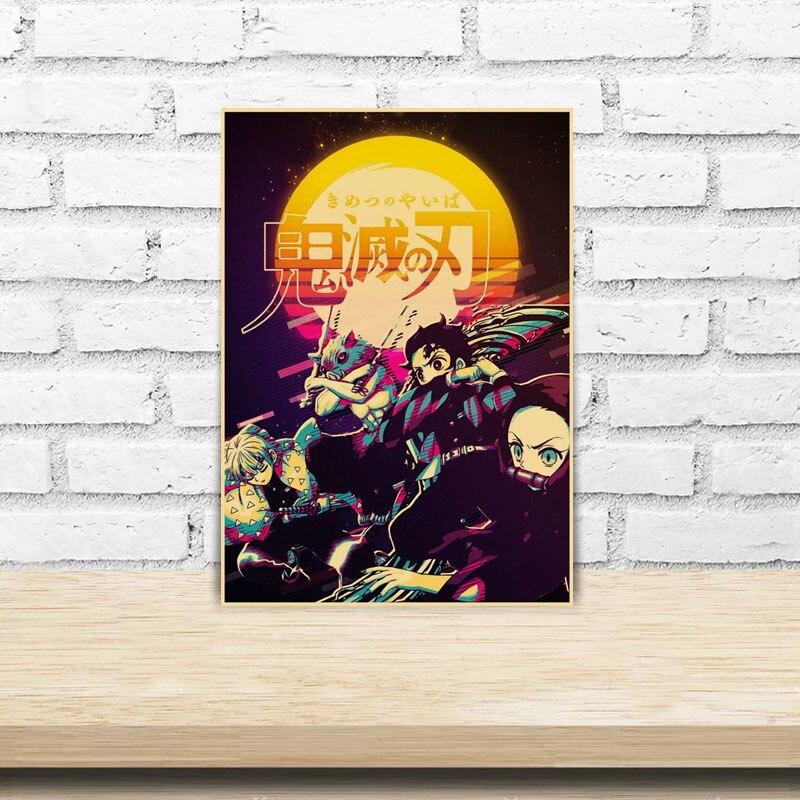 Vintage Anime Demon Slayer Kimetsu No Yaiba Posters Retro Room Decoration Wall Painting Decorative Picture Home Decor Aesthetic