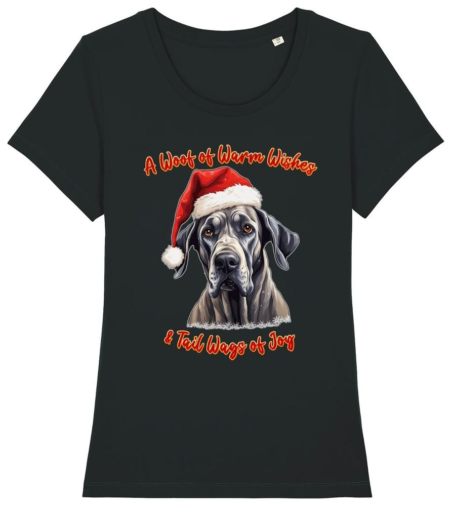 

Womens GREAT DANE Christmas T-Shirt Santa Hat Dog Woof Wishes Gift Family Dogs 4XL