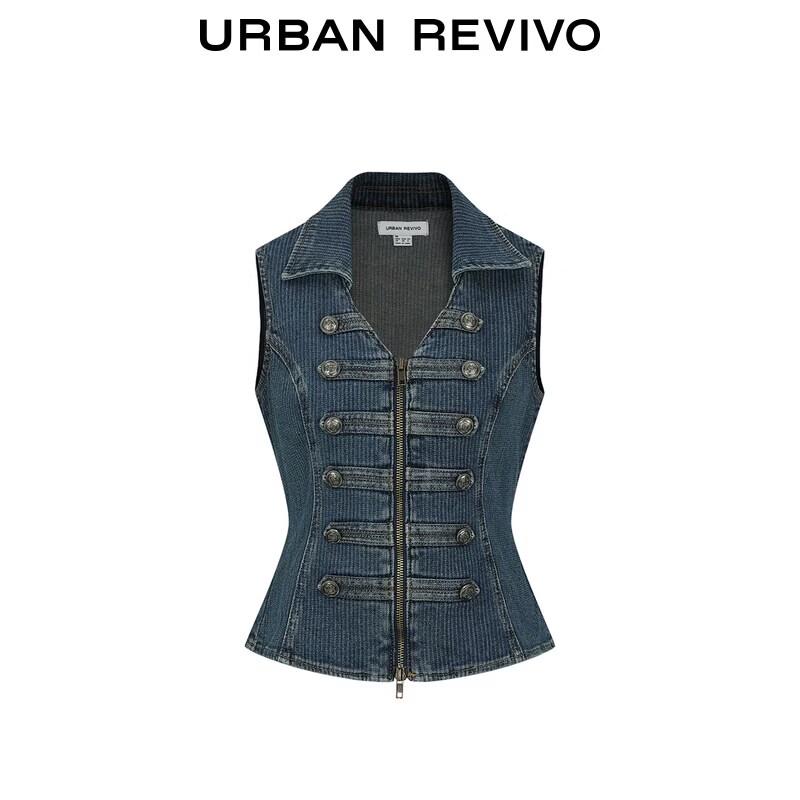 UR 2026 Women's Distressed Napoleon Button Denim Vest Jacket