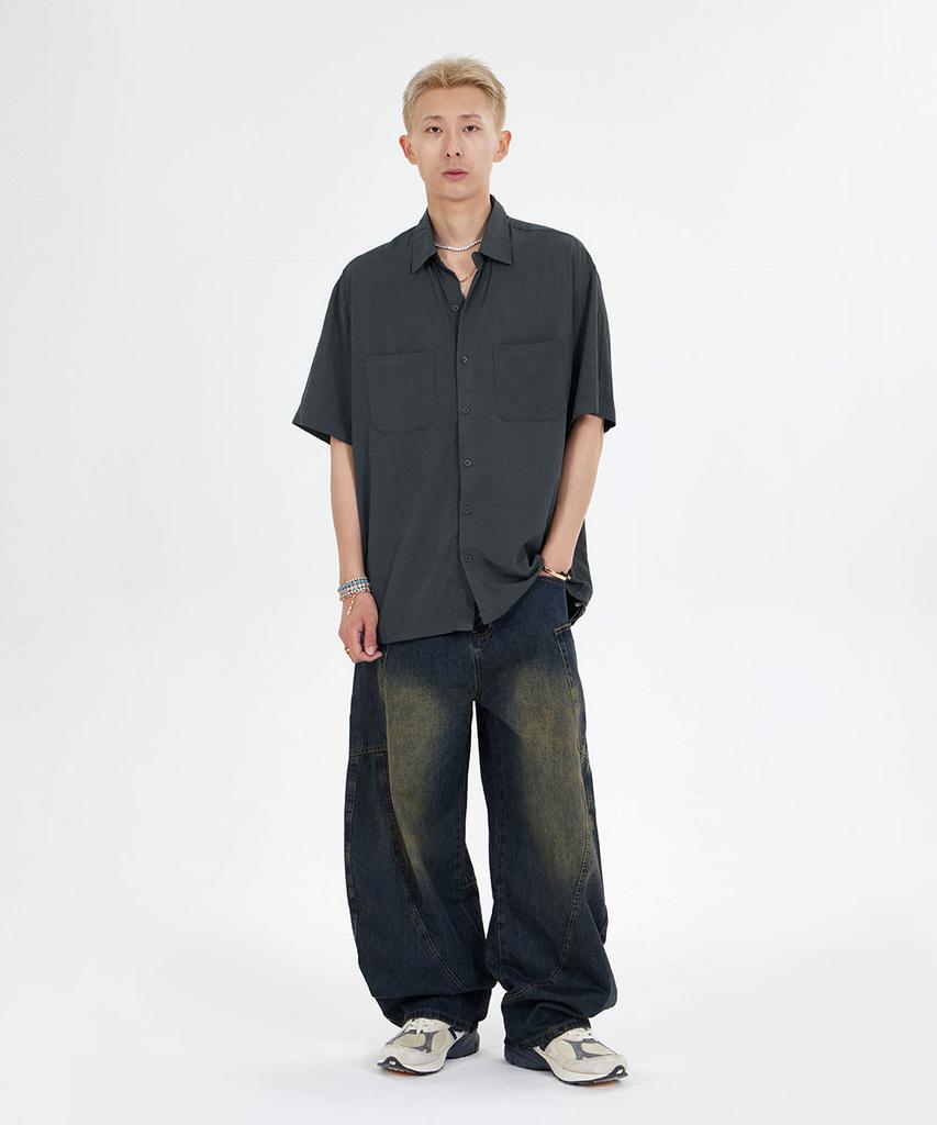 MAKEITTO Oversized Drawstring Short Sleeve Shirt_Dark Gray