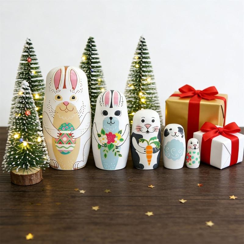Wooden Rabbit Nesting Dolls Handcraft Russian Matryoshka Doll Stacking Toy for Easy Storage and Holiday Gift Giving
