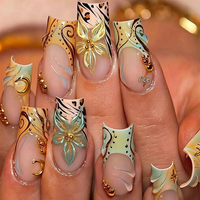24-Piece Pink French Medium Tube Nail Tips with 3D Flowers & Leopard Print
