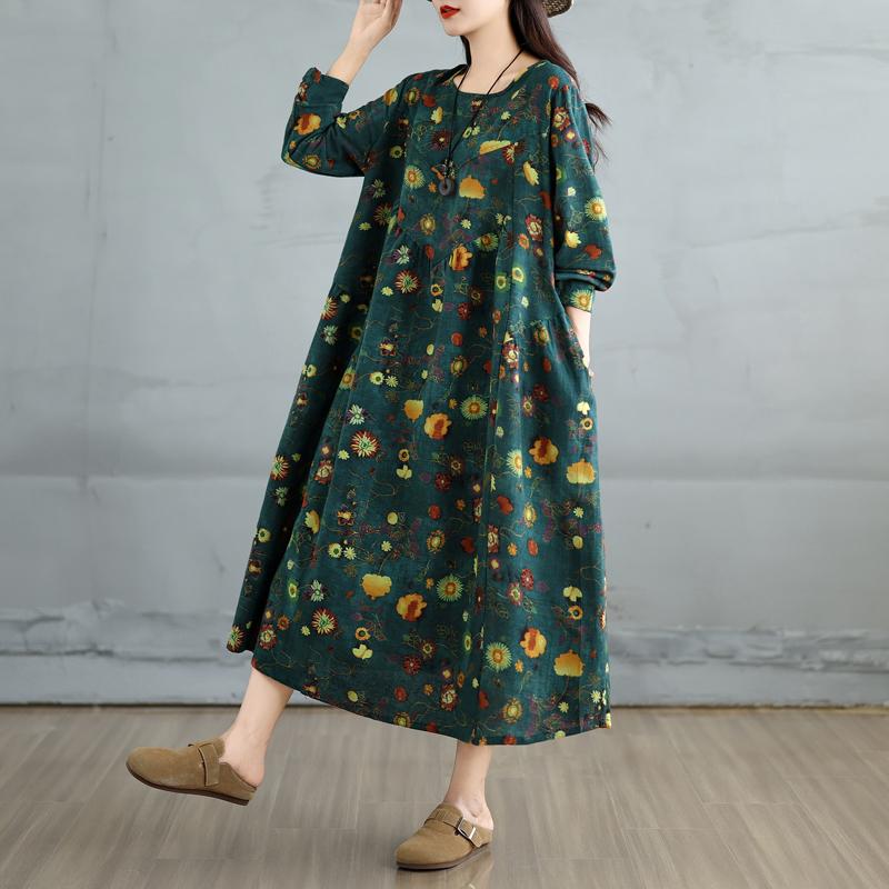 DIMANAF 2025 Damen Übergröße Frühling Langes Kleid Locker Basic Druck Vintage Lässig Floral Oversize Langarm Maxi