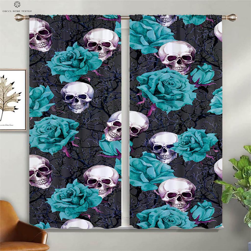 Skull Stealing Floral Creative Print Curtains, Suitable for Living Room, Dining Room, Study Room, Halloween Decoration