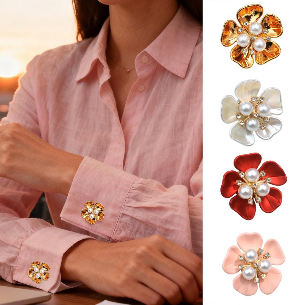Elegant Button Cover Cufflinks with Flower Faux Pearl Rhinestone Cufflink Button Covers for Women Blouses Tuxedo Shirt Dress