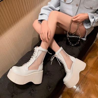 Sommer Mesh Stiefel Damen Dicke Sohle Chelsea Coole Stiefel Hohle Spitze Kurze Barrel Mesh Stiefel High Heels Damen Schuhe