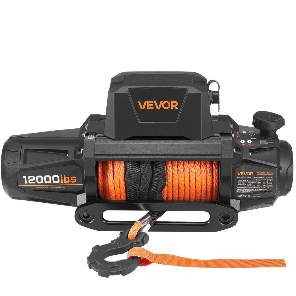 Electric Winch, 5400 kg Load Capacity, 12V DC Truck Winch with 9.5 mm x 28 m Synthetic Rope, Wireless & Wired Remote Control, IP67 Waterproof for
