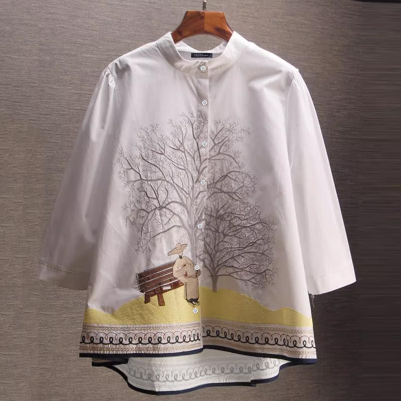 

ZANZEA Женская повседневная блузка с воротником-стойкой и длинным рукавом с принтом 4XL белый