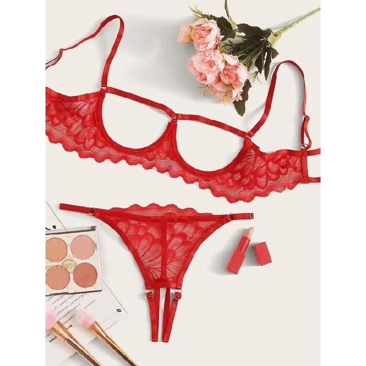 Toucheart 2-piece Set Showing Breasts Sexy Interesting Underwear Women Solid Color Mesh Hollow Out See-through Sexy Lingerie Set