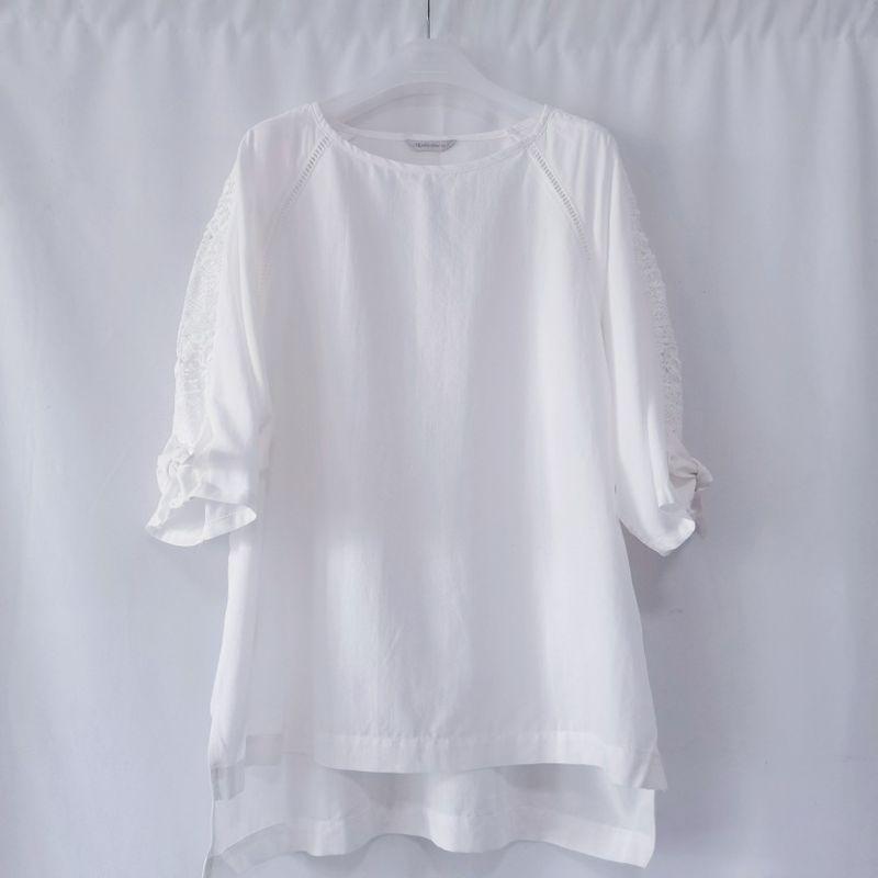 Export Original Order Leftover Stock Cotton and Silk White Round Neck Pullover Shirt Plus Size Loose Casual Embroider 3/4 Sleeve Cool