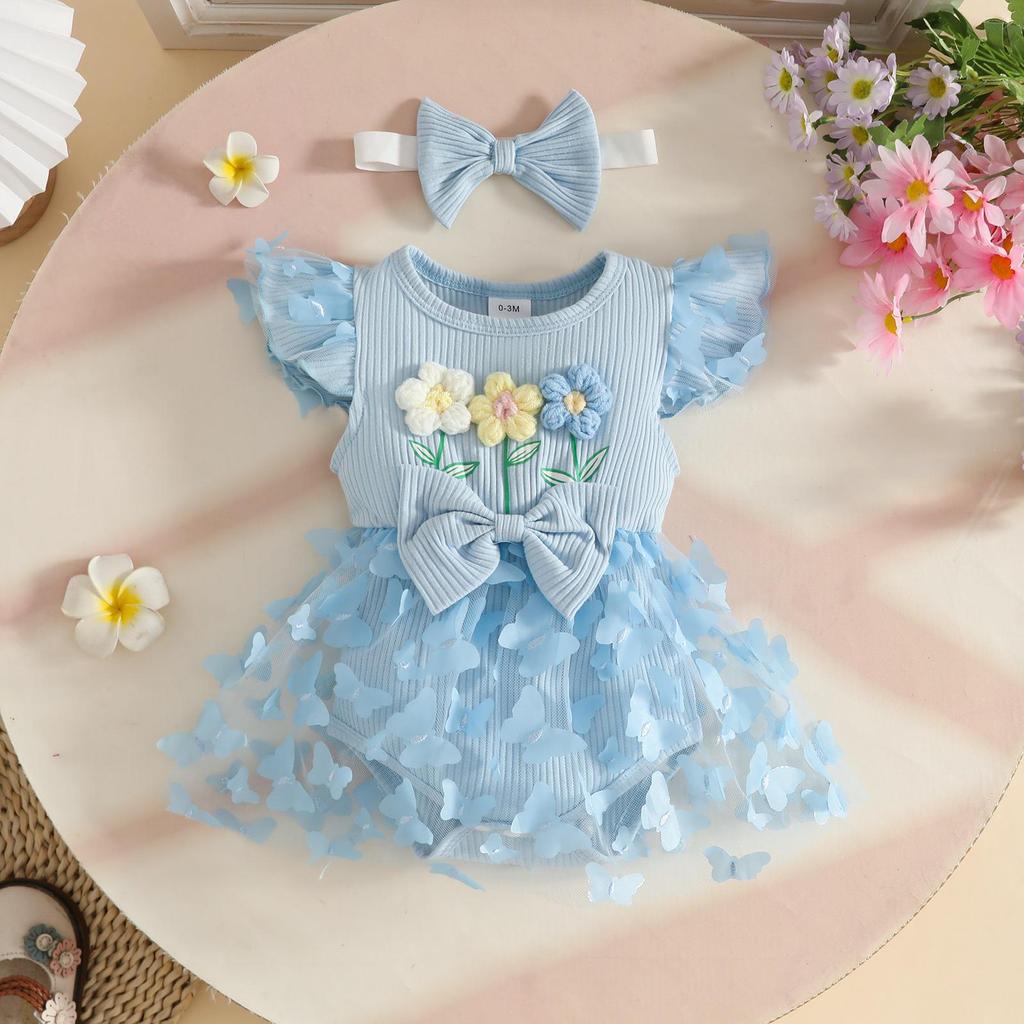 2026 Sommer Florales Baby-Kleid mit Puffärmeln & Geripptes Body-Set mit Haarreif & Schmetterlingsrock