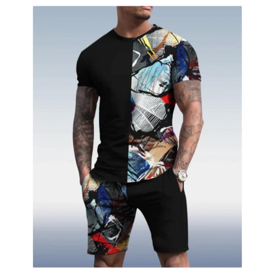 Modisches Resort-Style Herren T-Shirt Kurzarm Shorts Zweiteiliges Set Sommer 3D-Druck