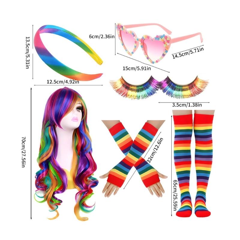 Kostüm-Set Regenbogenfarben Stirnband Ohrringe Brille Rock Beinärmel Lange Handschuhe Damen Halloween Kostüm Zubehör