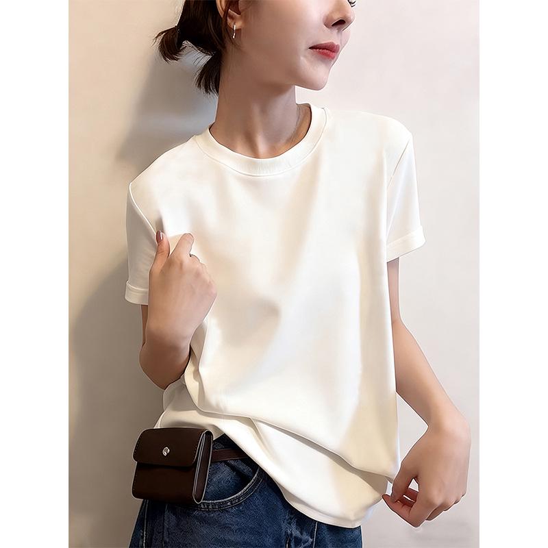 Graues Damen-T-Shirt aus reiner Baumwolle mit Rundhalsausschnitt und kurzen Ärmeln – Modisches, vielseitiges Basic für Frühling, Sommer und Herbst.