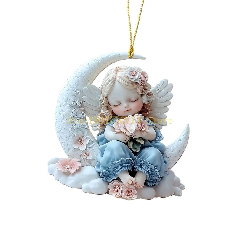 Festives 2D Angel Baby On Moon Design Acrylic Pendant Auto Decors Creative Holiday Present top sale