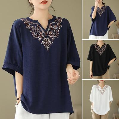 Women T-shirt Deep V Neckline Embroidery Floral Pattern Pullover Tops Pure Color Loose