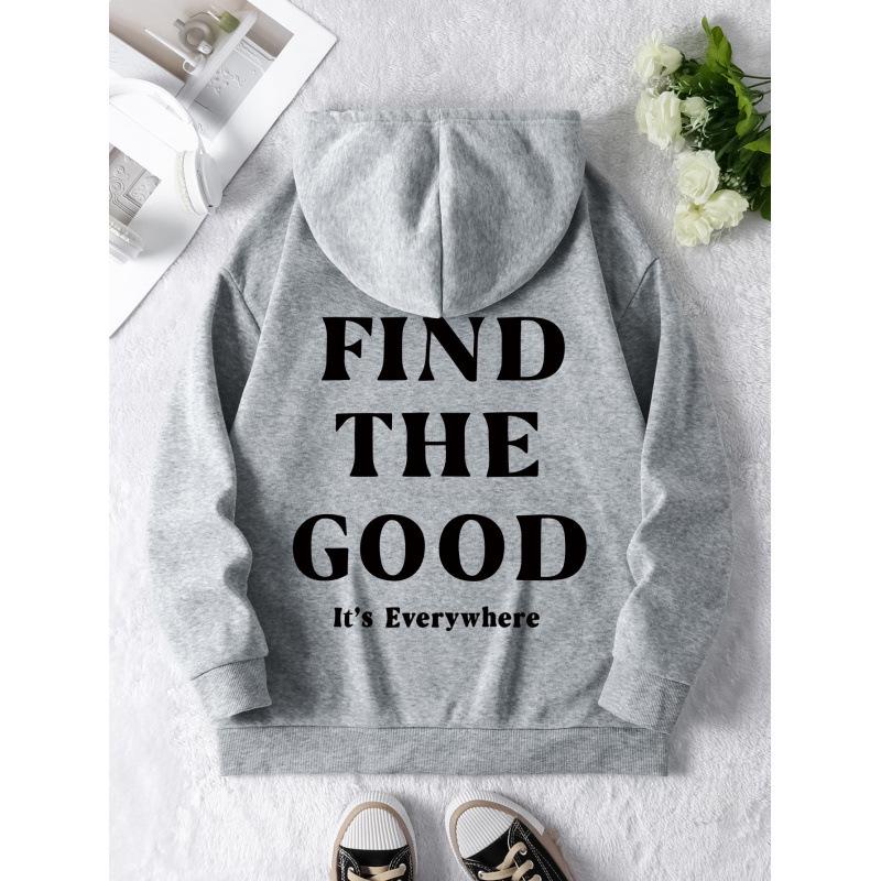 Women's Loose Hoodie with Letter Print and Kangaroo Pocket