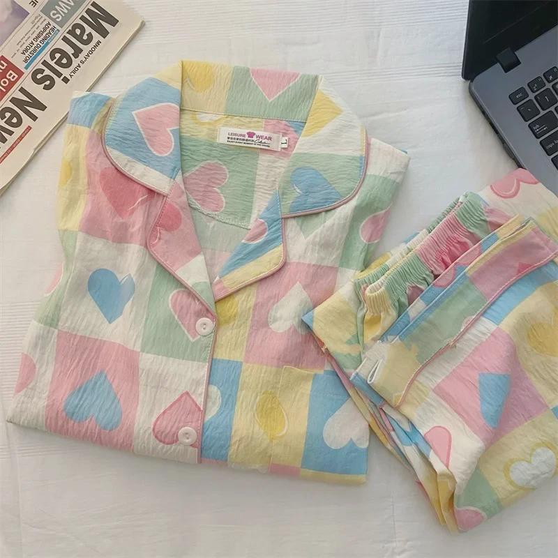 "Dámské bavlněné pyžamo s třešňovým medvídkem - Jaro/Podzim, Dlouhý rukáv, Roztomilý kreslený svršek"