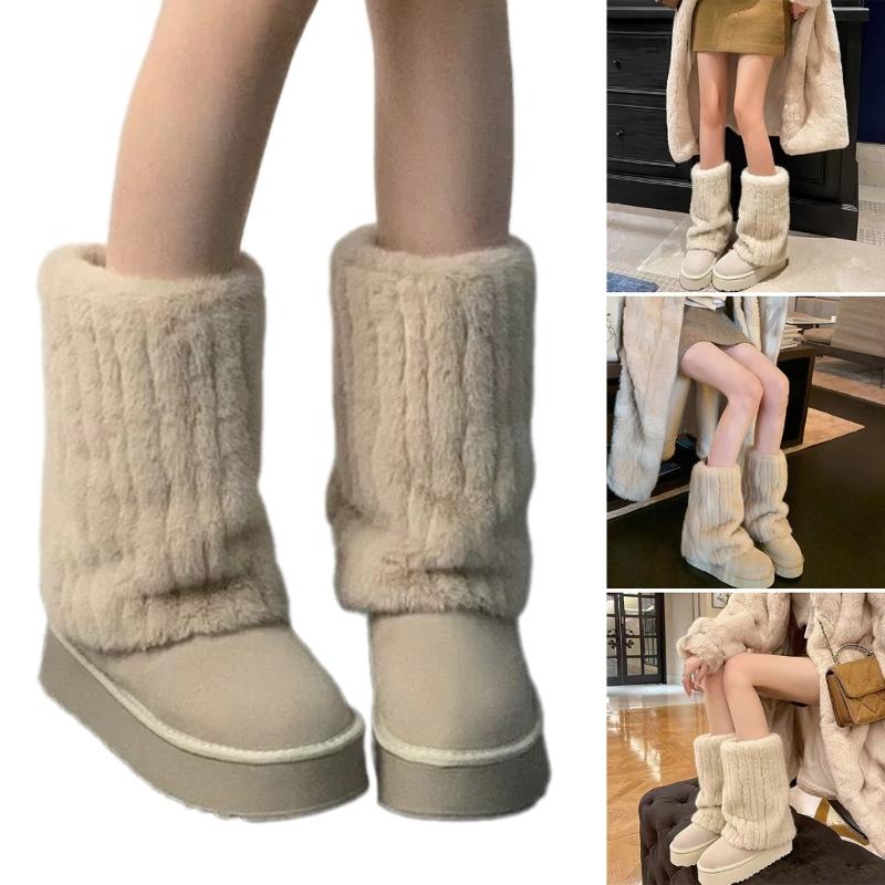 Women Vintage Ribbed Plush Leg Warmer Aesthetic Fuzzy Thickened Boot Gaiters Cuffs Solid Color Leg Covers Long Socks