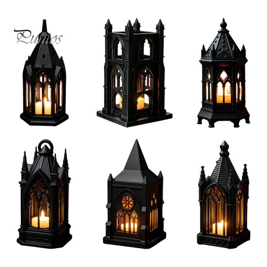 Veelzijdige Plankenstandbeeld Gotische Kathedraal LED Kaarslantaarn, Kerkvormige Vlamloze Theelichtlamp, Feestdecoratie Spookachtige Vintage Bureau Nachtlamp