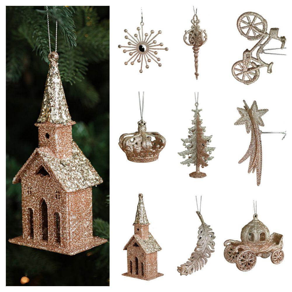 Gold Christmas Hanging Decoration Shimmering House Bike Xmas Ornament Ball Crown Xmas Tree Festival Favors