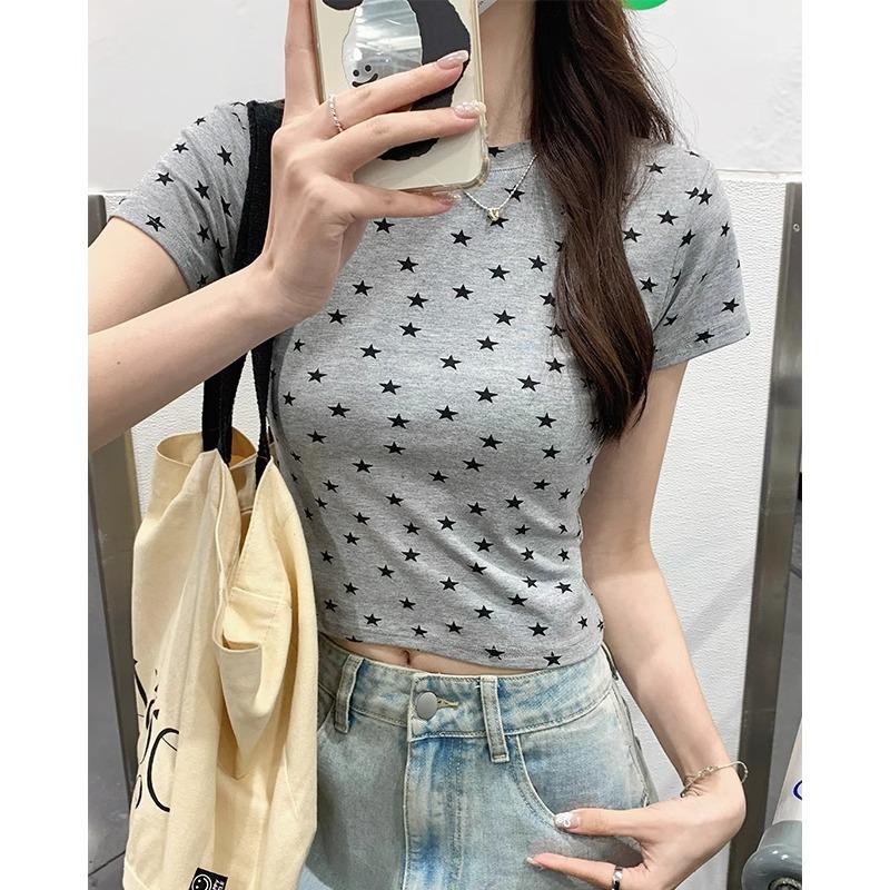 Pure cotton short-sleeved t-shirt for women petite round neck right shoulder slim short bottoming shirt summer sweet hot girl star top