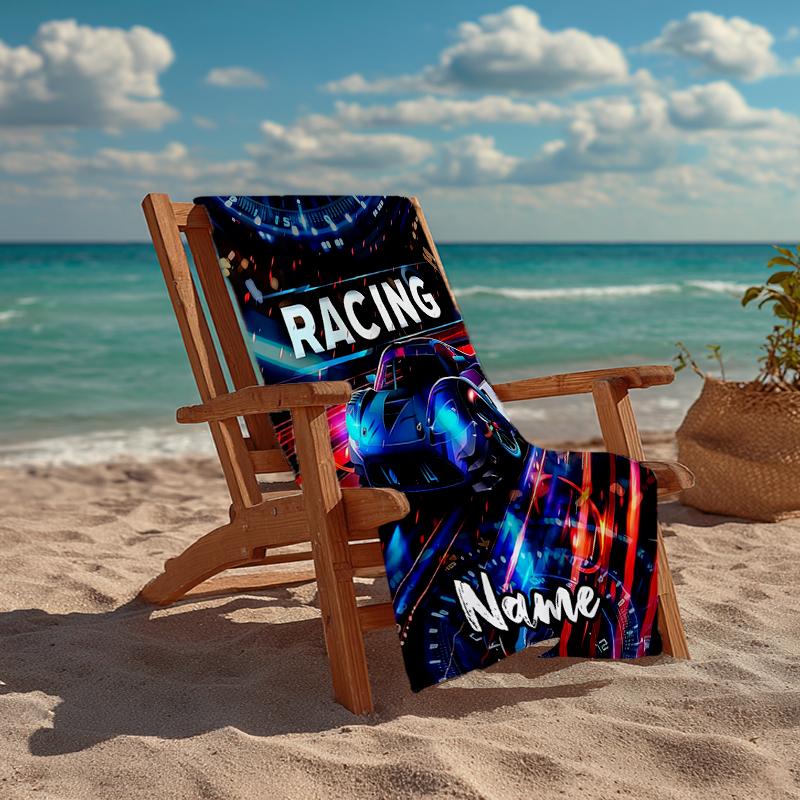 Custom Name Ultra-Soft Beach Towel with Racing Theme,Ideal for Pool - Camping, Diving - Perfect Travel Essential, Vibrant Beach Towel.