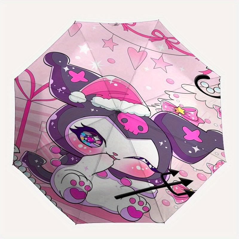 Kuromi Automatic Folding Umbrella-Simple 8-Rib Design, Bright Cartoon Pattern, Durable Iron Frame, Suitable For Travel, Outdoor, Beach-Cute